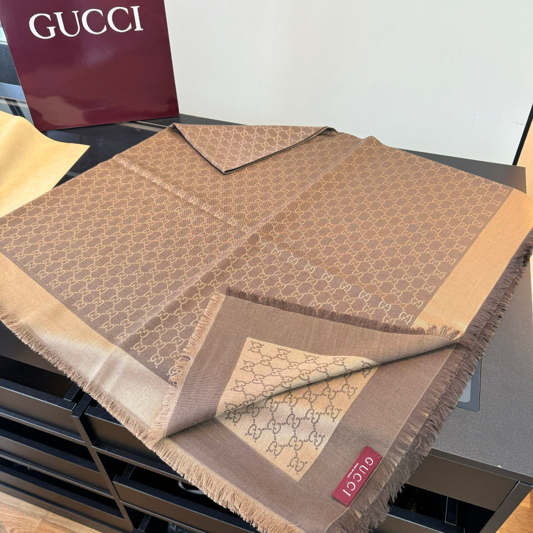 Gucci Reversible GG Jacquard Shawl – Wool-Silk Blend with Fringed Trim