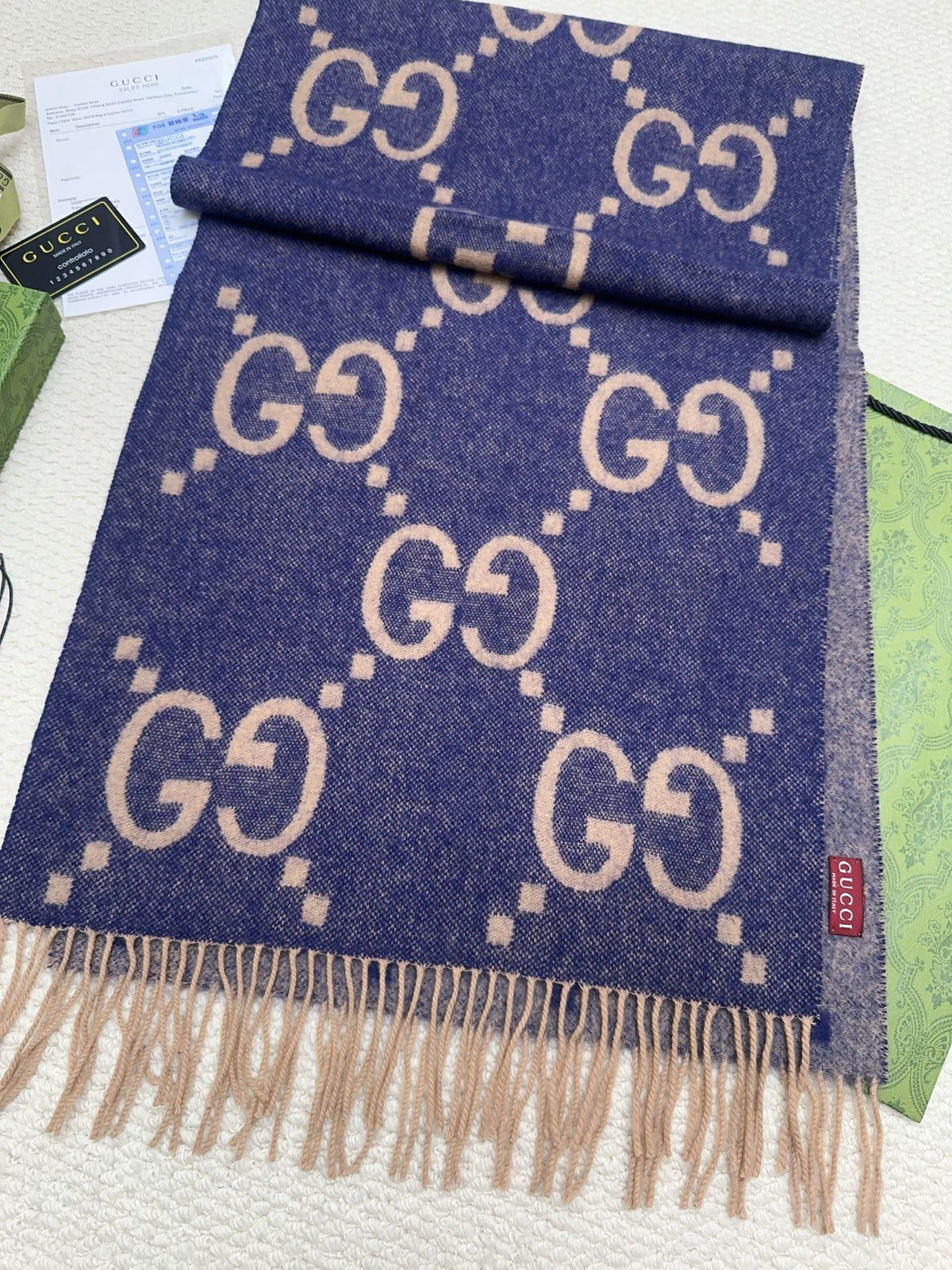 Gucci Reversible GG Jacquard Shawl – Wool-Silk Blend with Fringed Trim