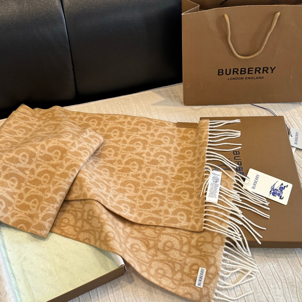 Burberry reversible two-tone wool scarf featuring a circular logo design, crafted from a cotton-wool blend