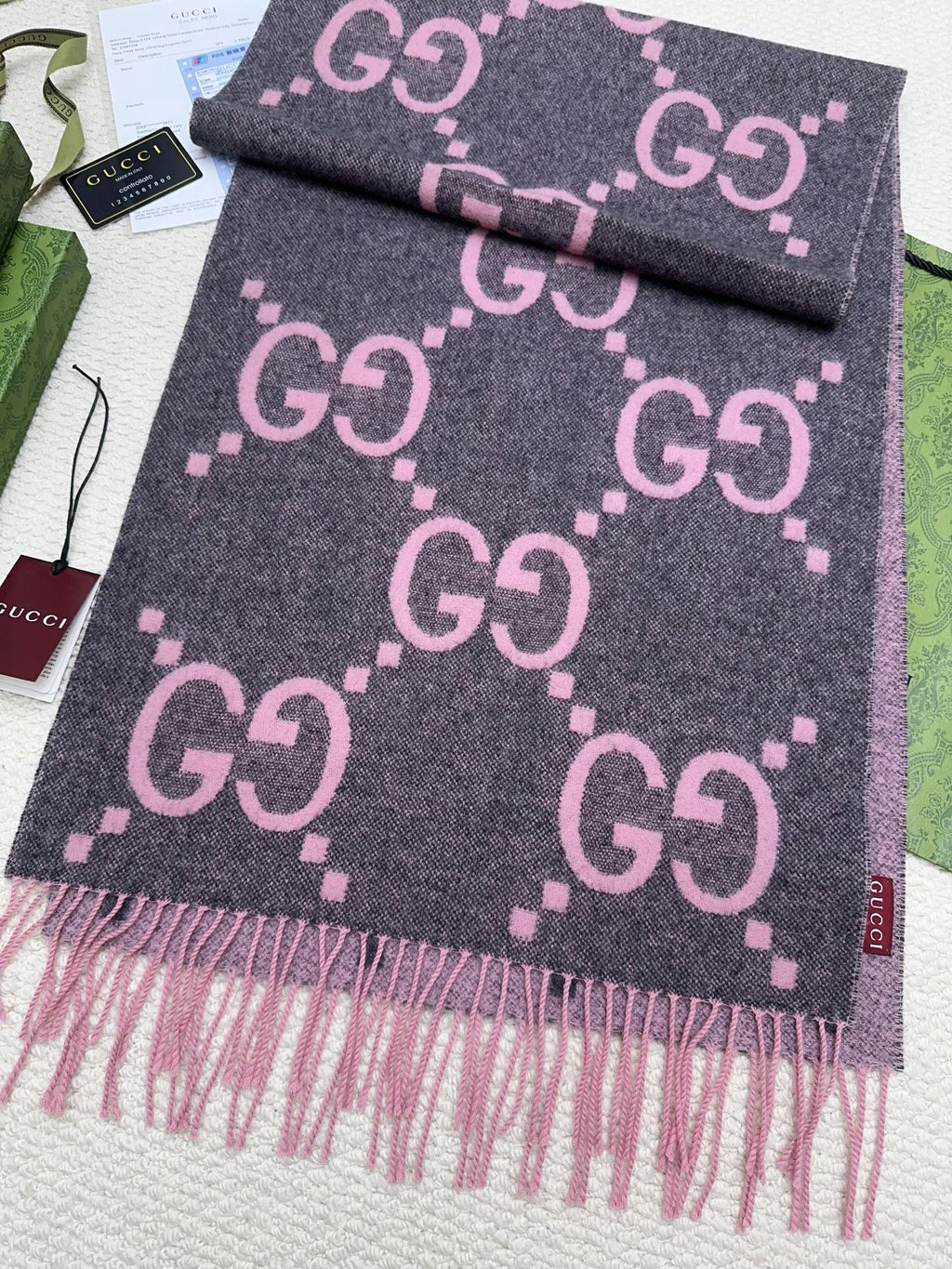 Gucci Reversible GG Jacquard Shawl – Wool-Silk Blend with Fringed Trim