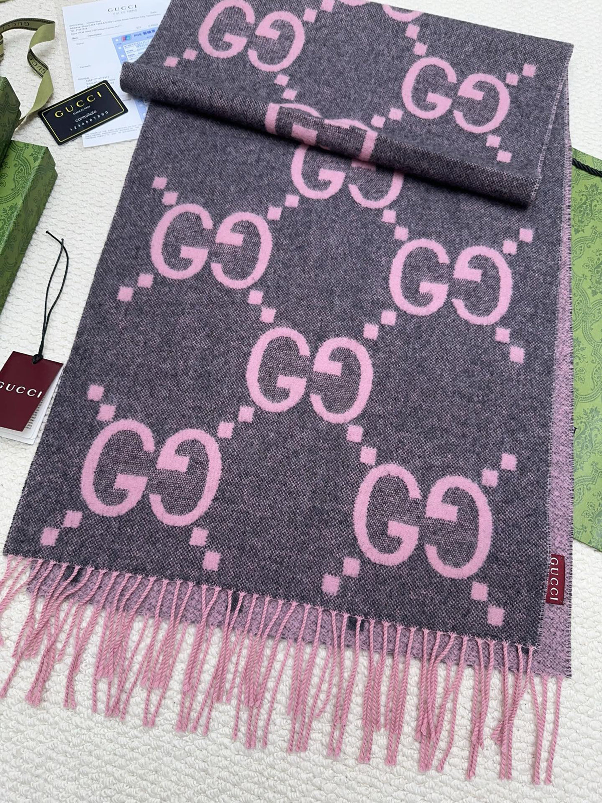 Gucci Reversible GG Jacquard Shawl – Wool-Silk Blend with Fringed Trim