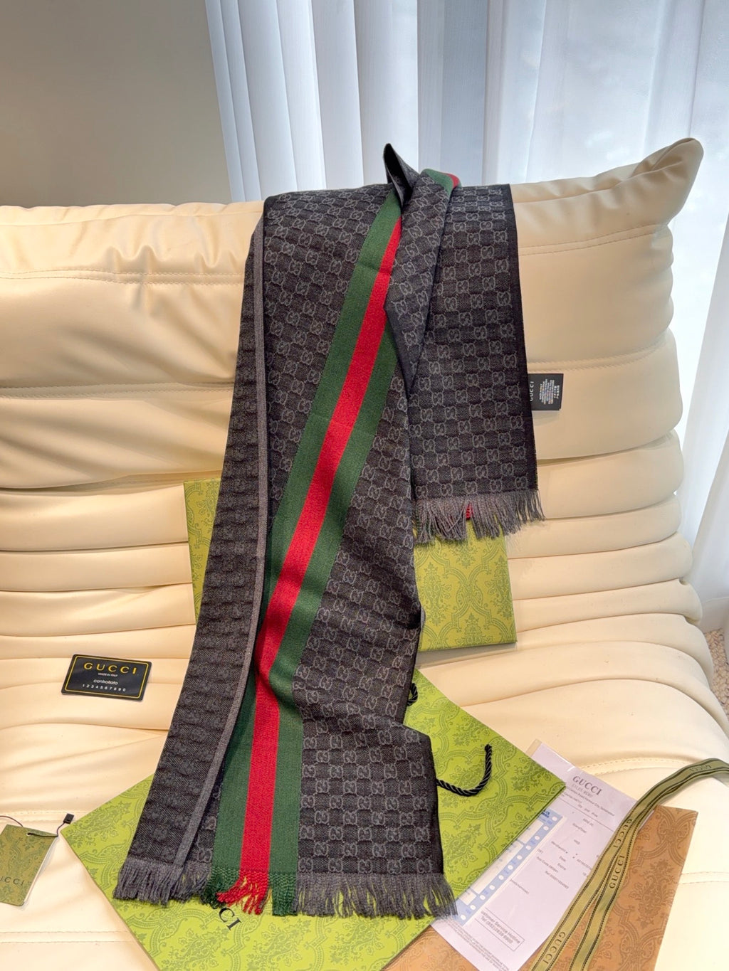 Gucci Reversible GG Jacquard Shawl – Wool-Silk Blend with Fringed Trim