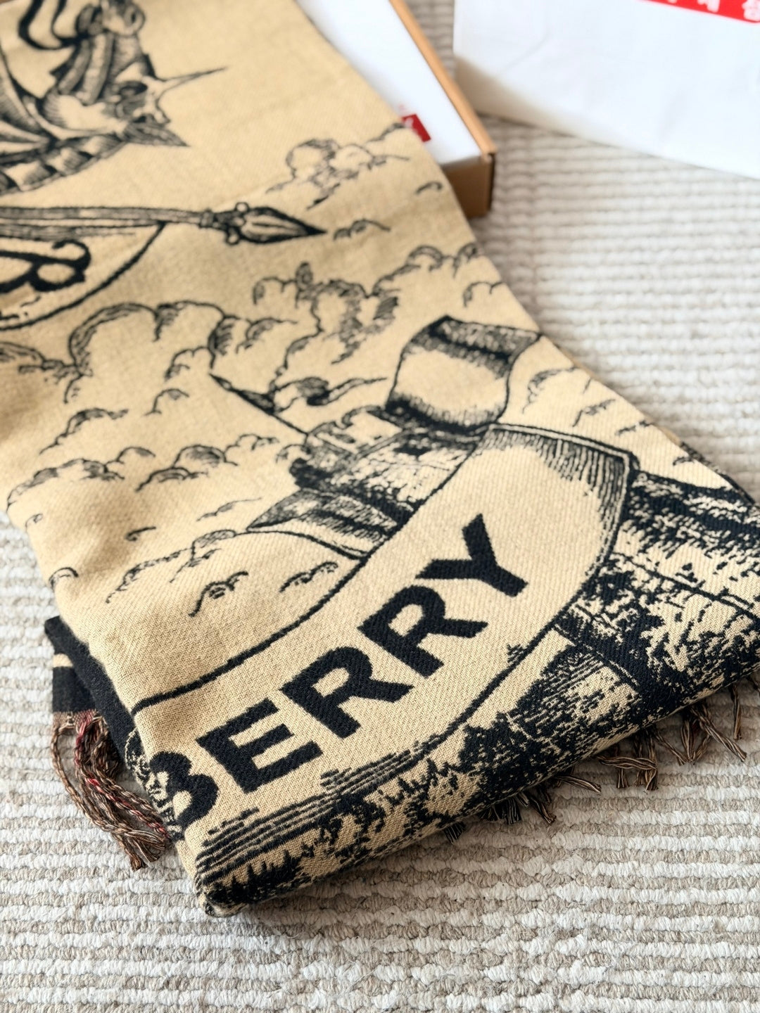 Burberry reversible two-tone wool scarf featuring a circular logo design, crafted from a cotton-wool blend