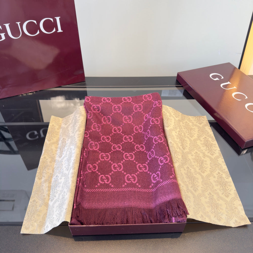 Gucci Reversible GG Jacquard Shawl – Wool-Silk Blend with Fringed Trim, Made in Italy, Unisex