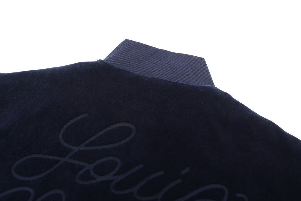 LOUIS VUITTON Navy Velour Tracksuit Set — Bomber Jacket & Jogger Pants with Leather Patch