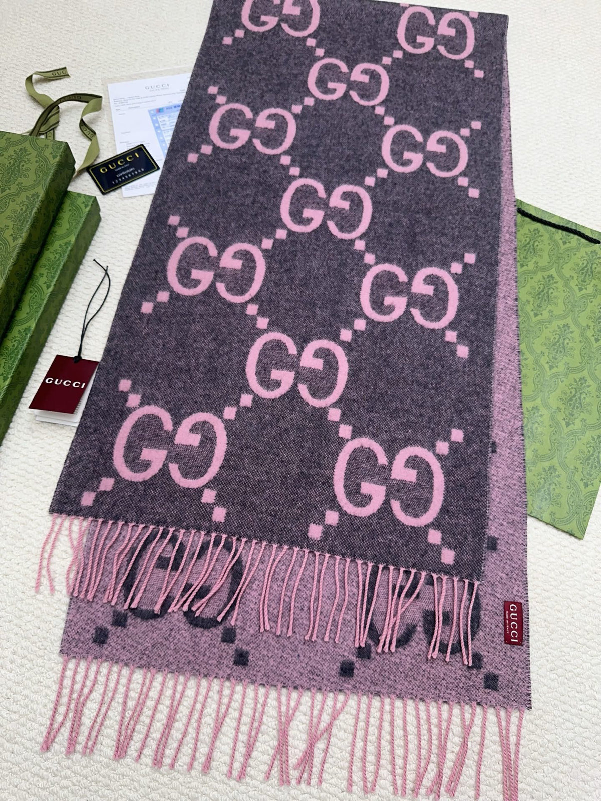 Gucci Reversible GG Jacquard Shawl – Wool-Silk Blend with Fringed Trim
