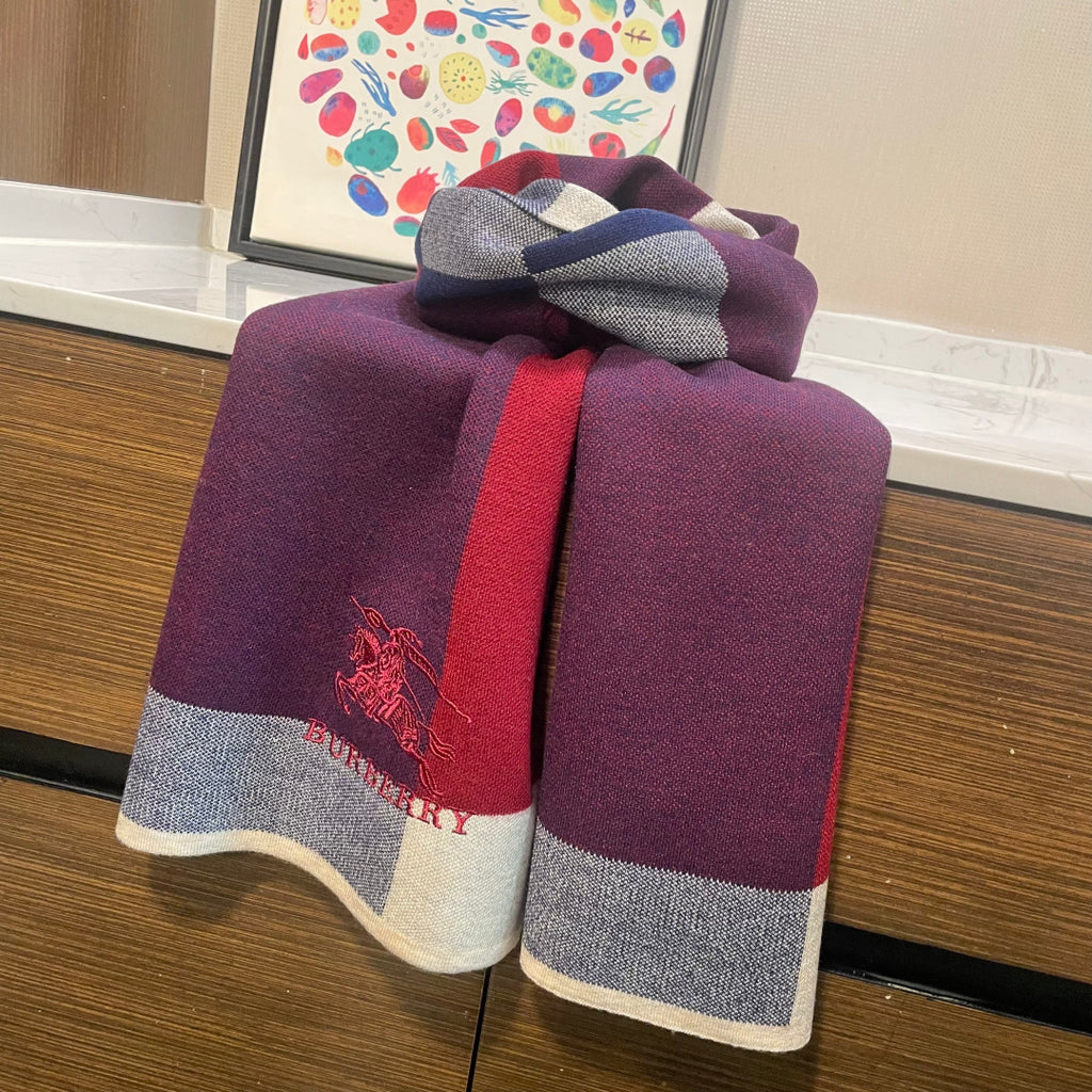 Burberry reversible two-tone wool scarf featuring a circular logo design, crafted from a cotton-wool blend