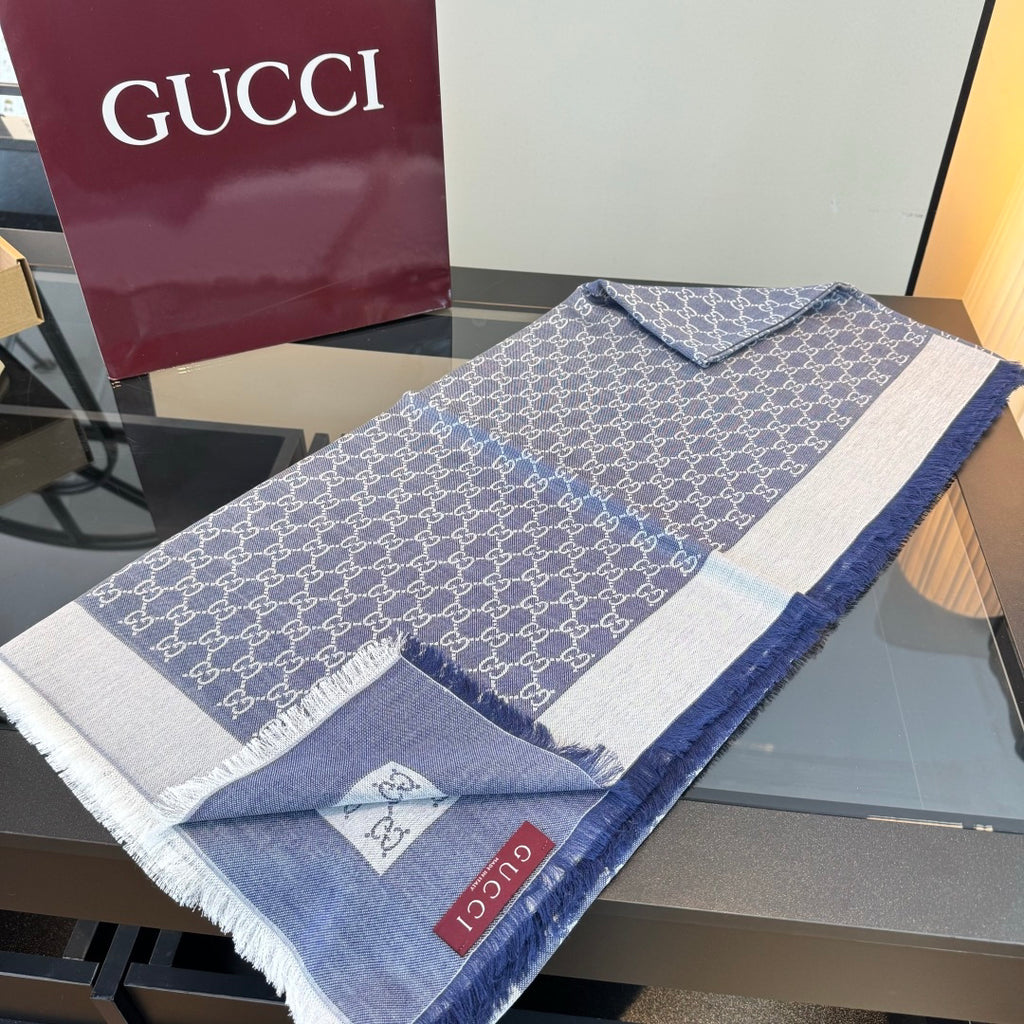 Gucci Reversible GG Jacquard Shawl – Wool-Silk Blend with Fringed Trim