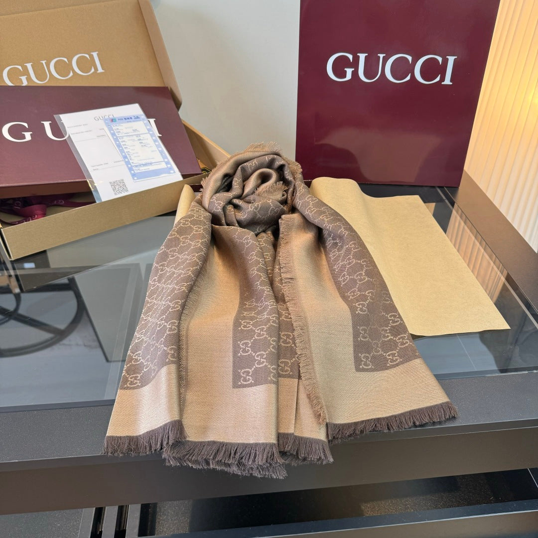 Gucci Reversible GG Jacquard Shawl – Wool-Silk Blend with Fringed Trim