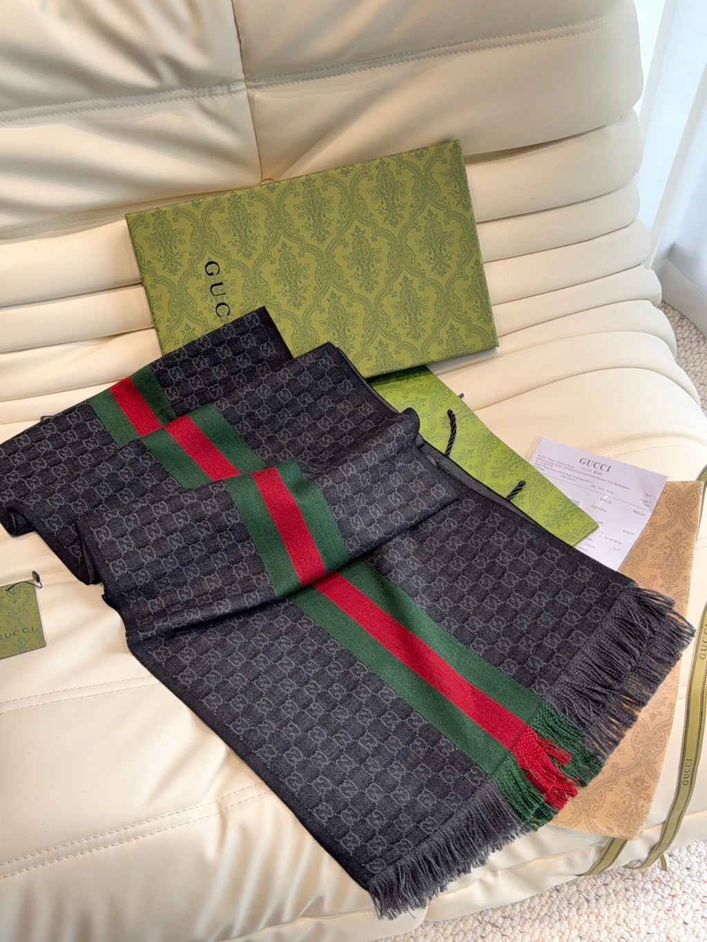 Gucci Reversible GG Jacquard Shawl – Wool-Silk Blend with Fringed Trim