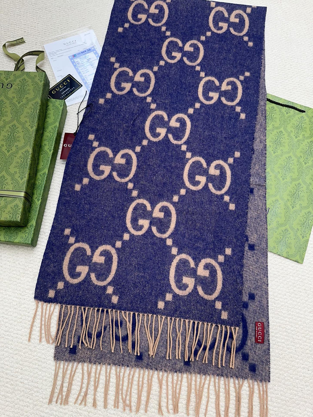 Gucci Reversible GG Jacquard Shawl – Wool-Silk Blend with Fringed Trim