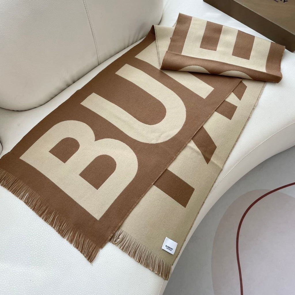 Burberry reversible two-tone wool scarf featuring a circular logo design, crafted from a cotton-wool blend