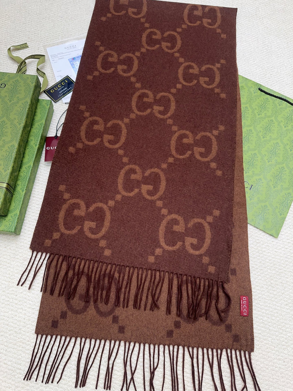 Gucci Reversible GG Jacquard Shawl – Wool-Silk Blend with Fringed Trim
