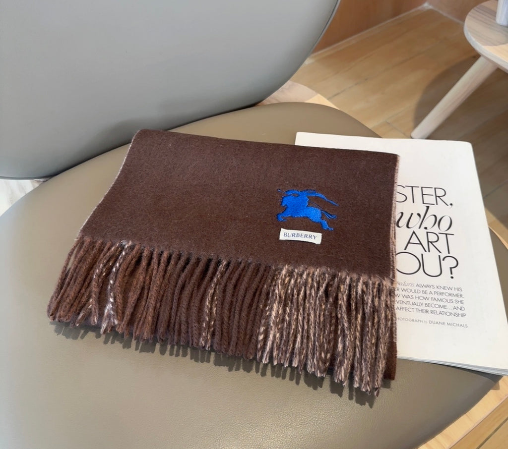 Burberry reversible two-tone wool scarf featuring a circular logo design, crafted from a cotton-wool blend