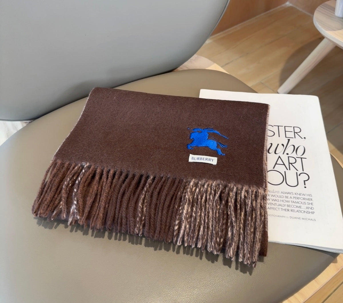 Burberry reversible two-tone wool scarf featuring a circular logo design, crafted from a cotton-wool blend