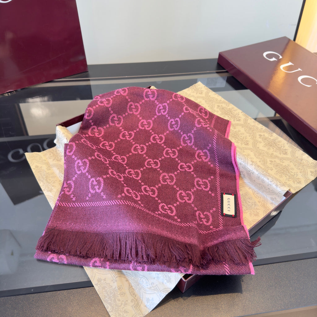 Gucci Reversible GG Jacquard Shawl – Wool-Silk Blend with Fringed Trim, Made in Italy, Unisex