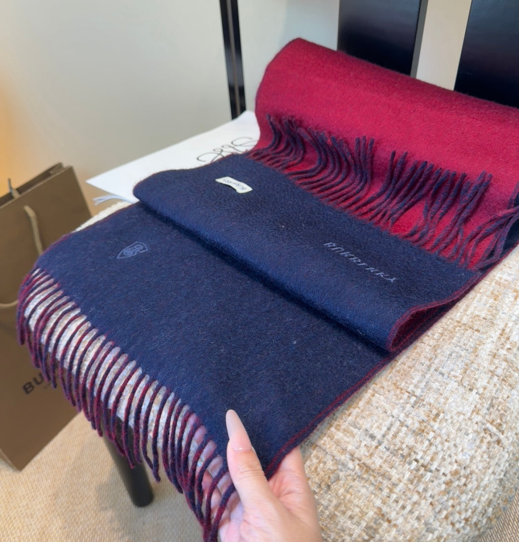 Burberry reversible two-tone wool scarf featuring a circular logo design, crafted from a cotton-wool blend