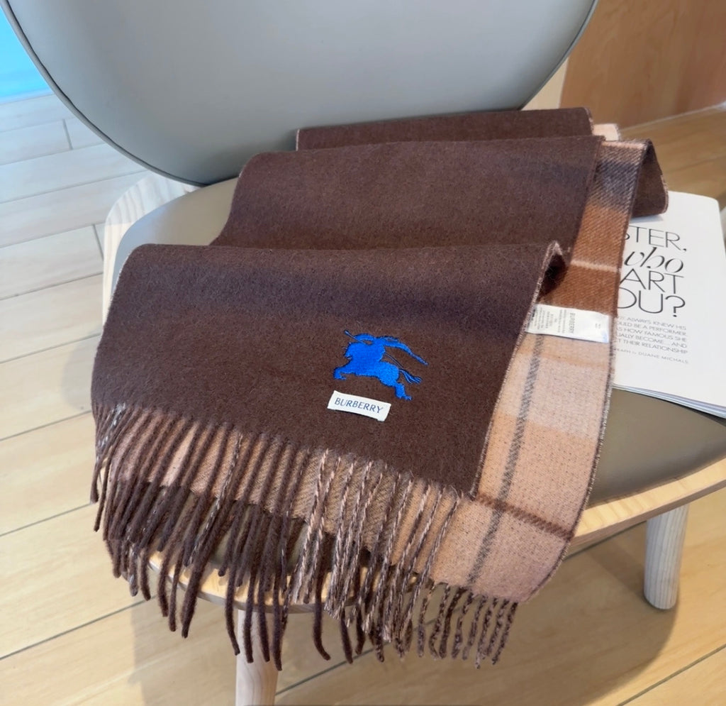 Burberry reversible two-tone wool scarf featuring a circular logo design, crafted from a cotton-wool blend