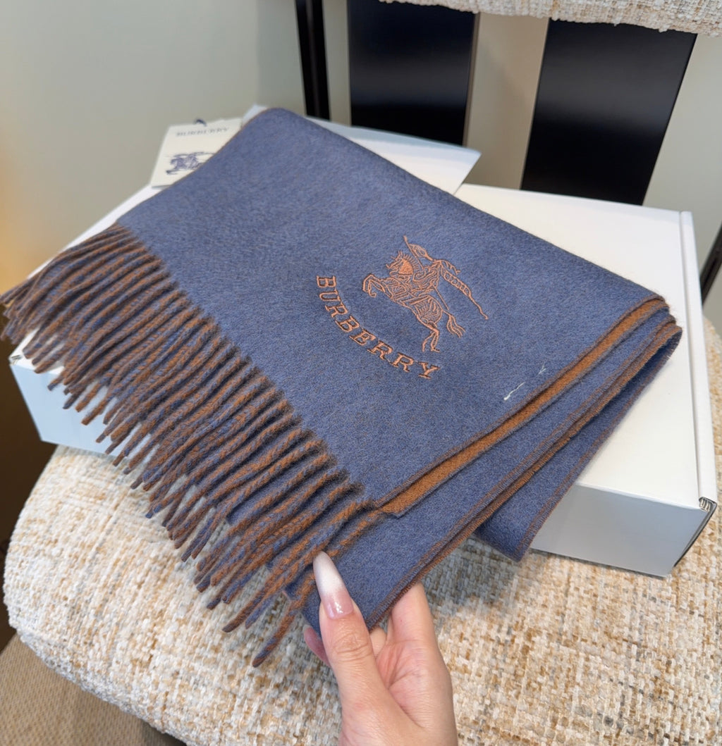 Burberry reversible two-tone wool scarf featuring a circular logo design, crafted from a cotton-wool blend