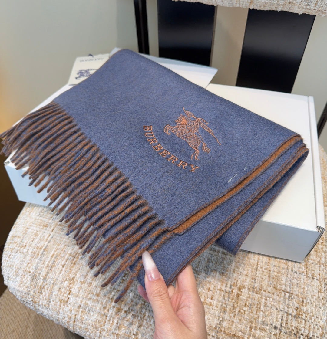 Burberry reversible two-tone wool scarf featuring a circular logo design, crafted from a cotton-wool blend