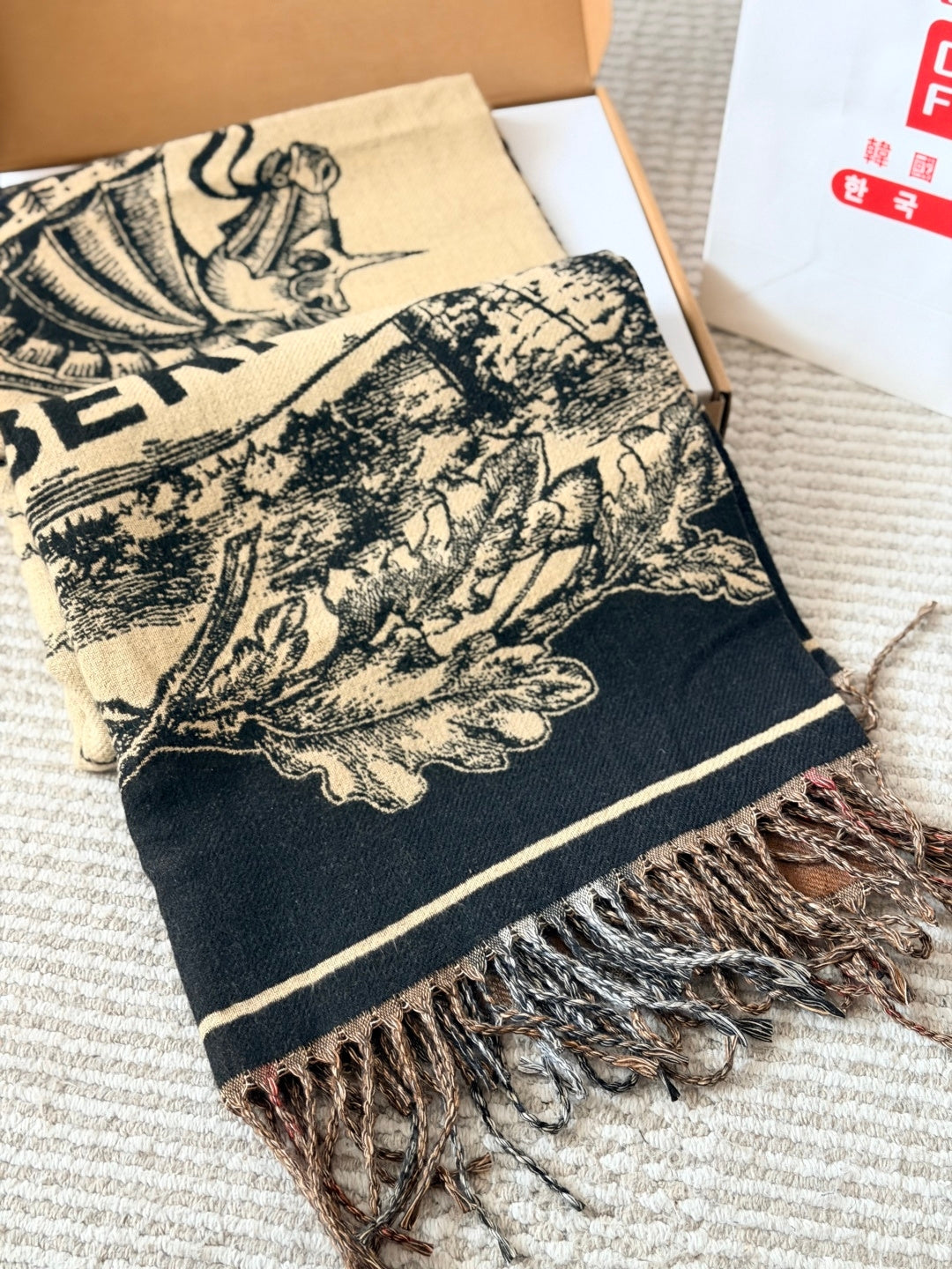 Burberry reversible two-tone wool scarf featuring a circular logo design, crafted from a cotton-wool blend