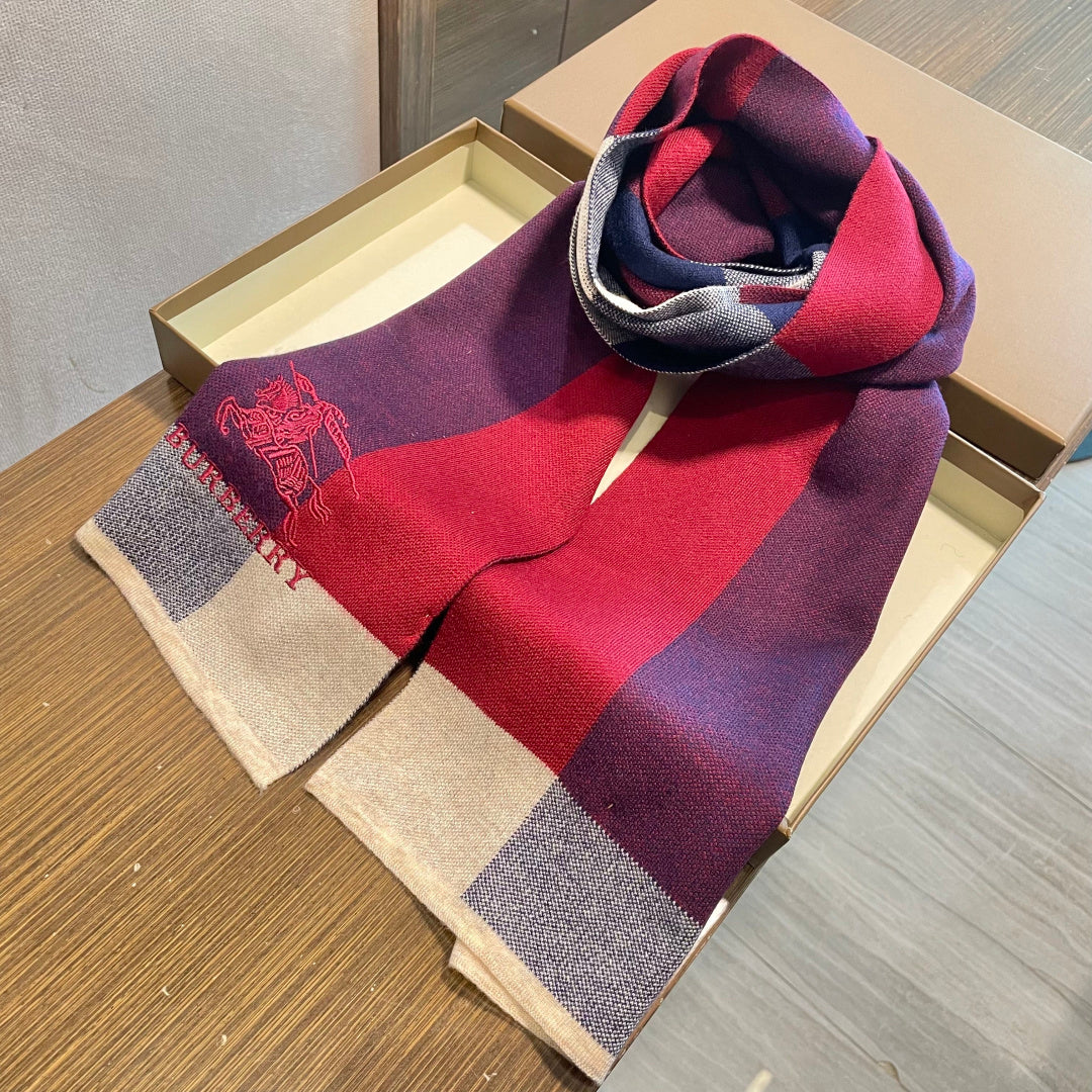 Burberry reversible two-tone wool scarf featuring a circular logo design, crafted from a cotton-wool blend