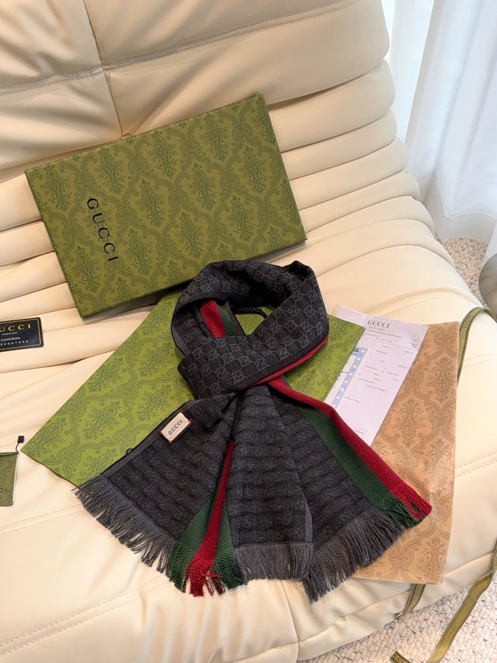Gucci Reversible GG Jacquard Shawl – Wool-Silk Blend with Fringed Trim