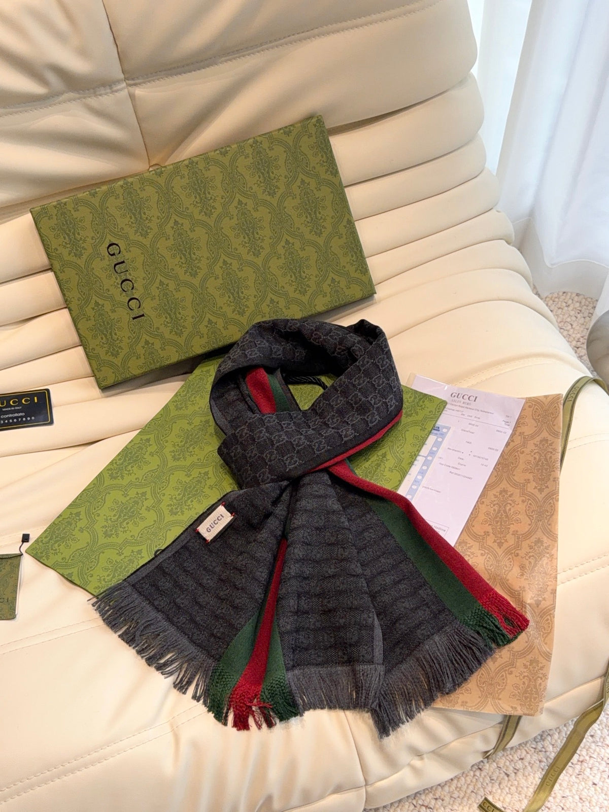 Gucci Reversible GG Jacquard Shawl – Wool-Silk Blend with Fringed Trim