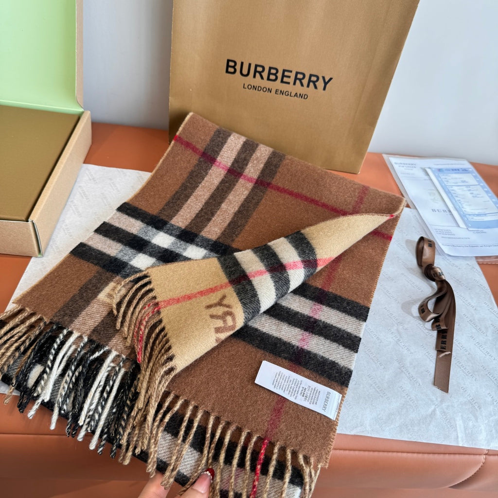 Burberry reversible two-tone wool scarf featuring a circular logo design, crafted from a cotton-wool blend