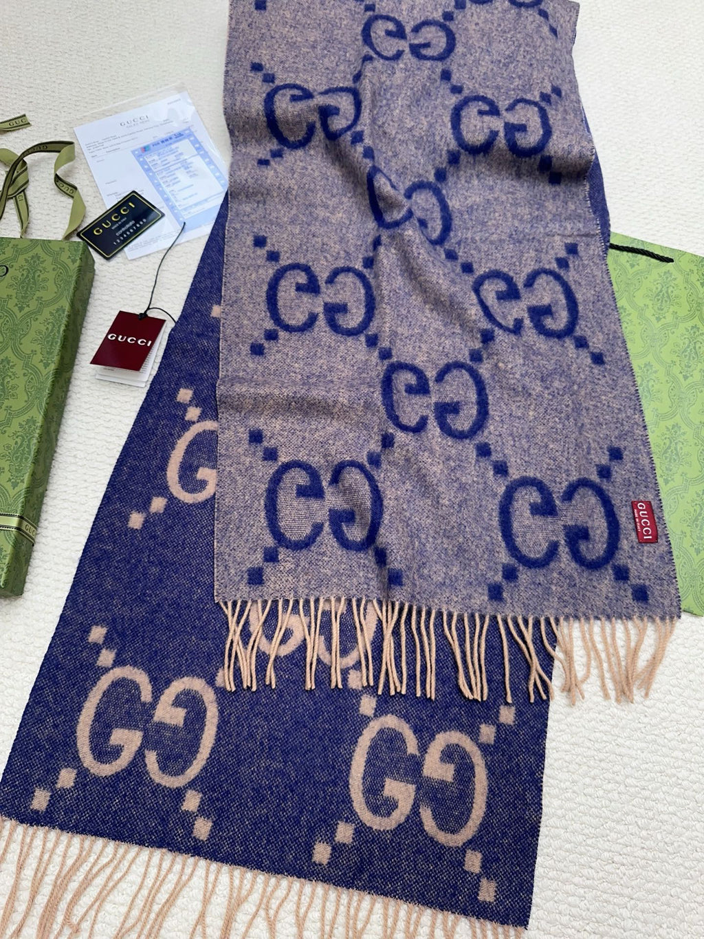 Gucci Reversible GG Jacquard Shawl – Wool-Silk Blend with Fringed Trim