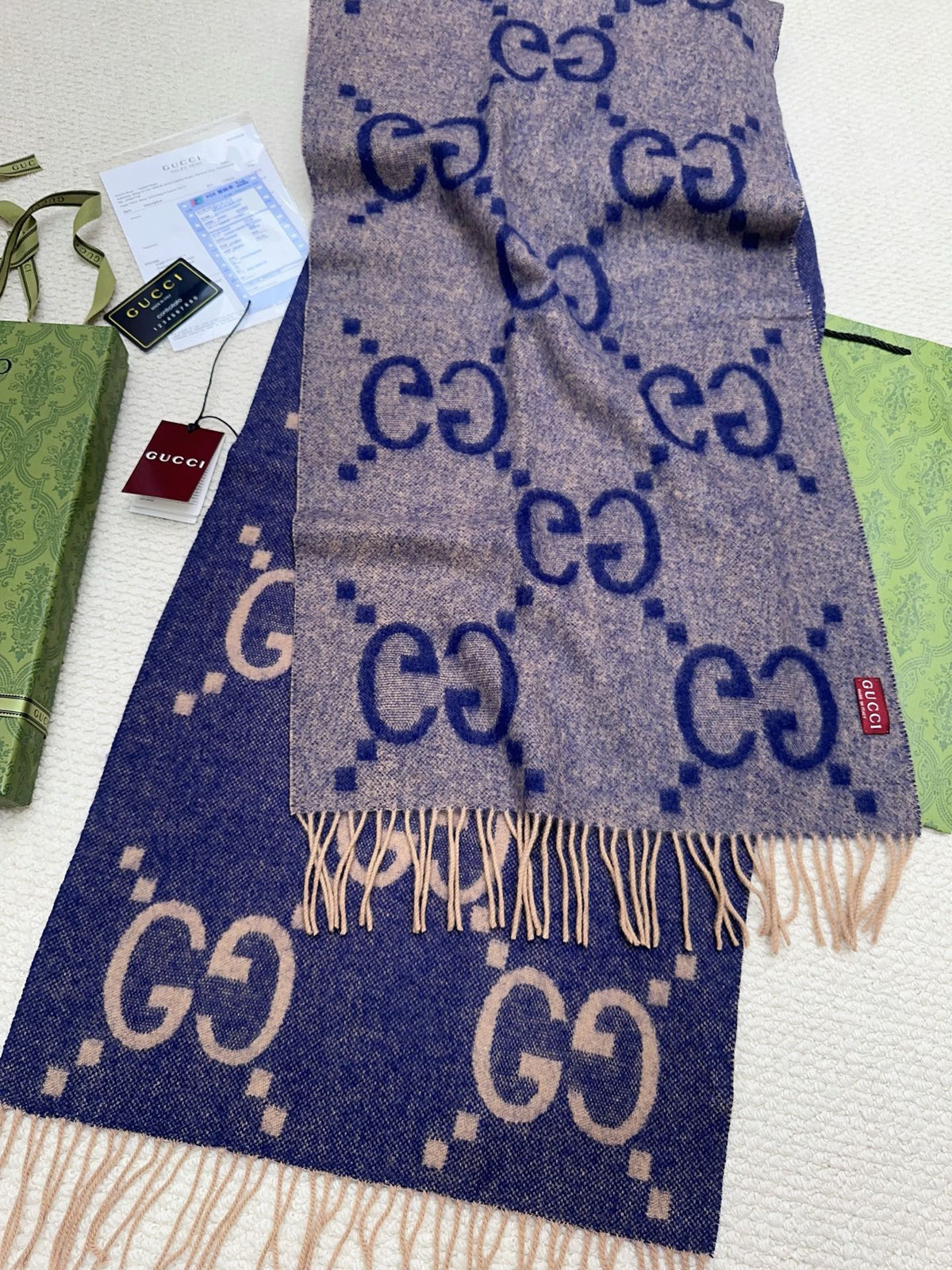 Gucci Reversible GG Jacquard Shawl – Wool-Silk Blend with Fringed Trim