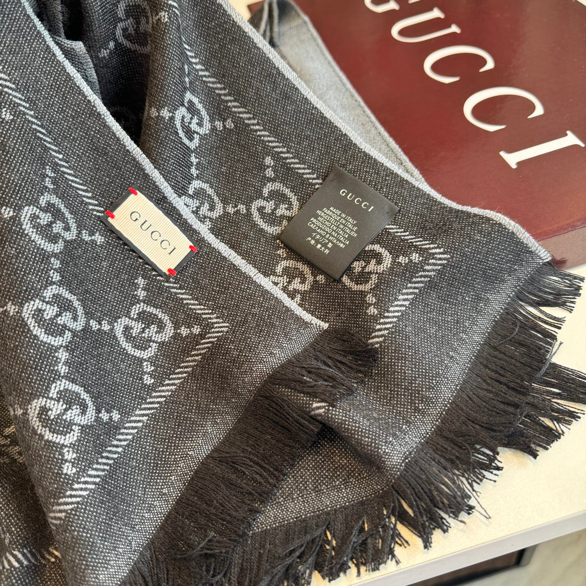 Gucci Reversible GG Jacquard Shawl – Wool-Silk Blend with Fringed Trim