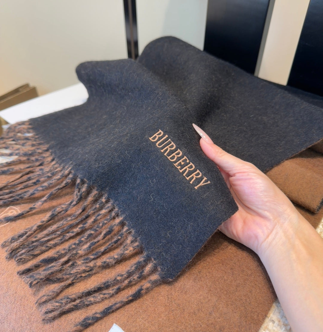 Burberry reversible two-tone wool scarf featuring a circular logo design, crafted from a cotton-wool blend