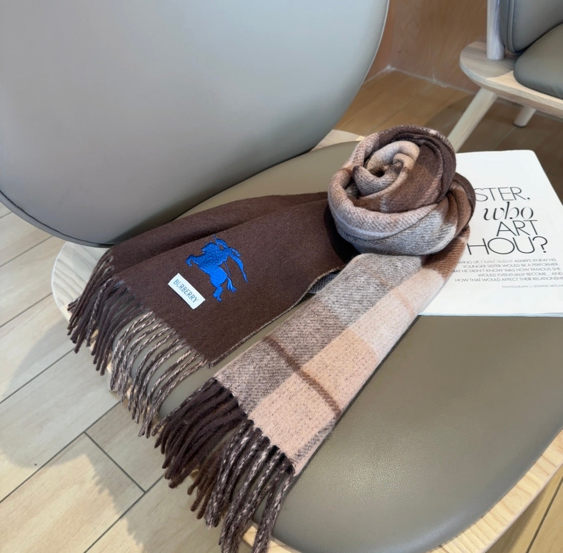 Burberry reversible two-tone wool scarf featuring a circular logo design, crafted from a cotton-wool blend