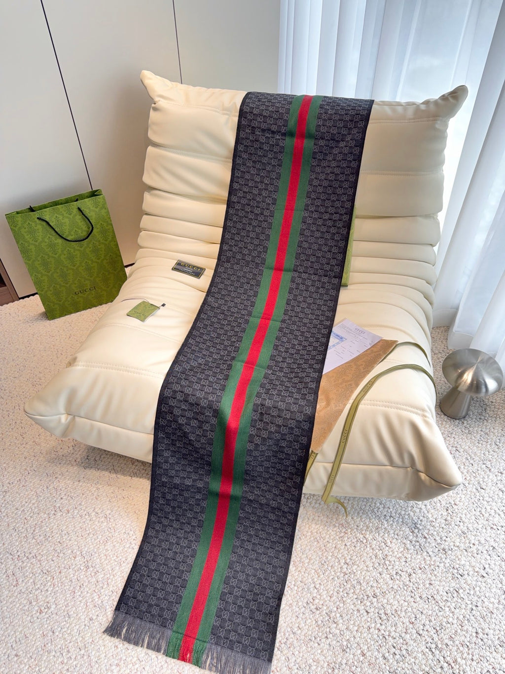 Gucci Reversible GG Jacquard Shawl – Wool-Silk Blend with Fringed Trim