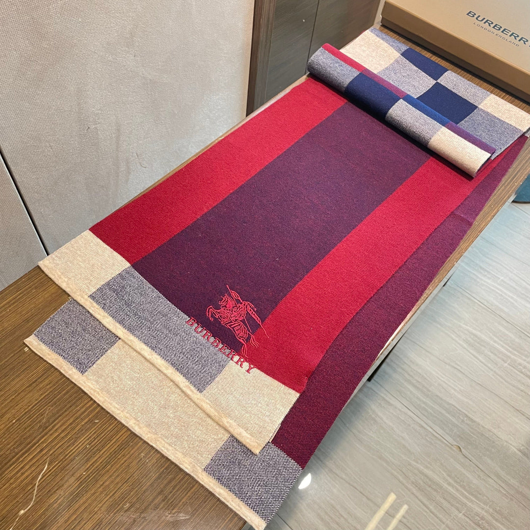 Burberry reversible two-tone wool scarf featuring a circular logo design, crafted from a cotton-wool blend