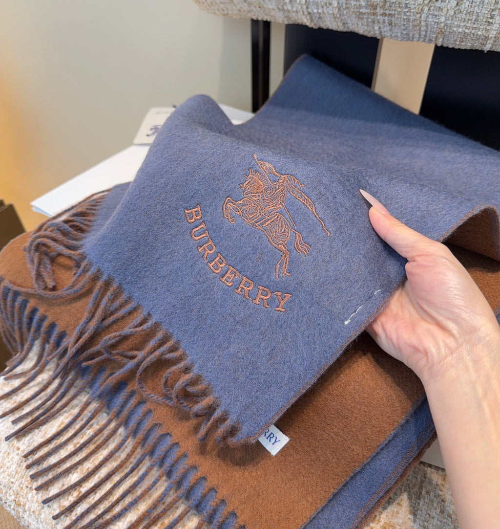 Burberry reversible two-tone wool scarf featuring a circular logo design, crafted from a cotton-wool blend