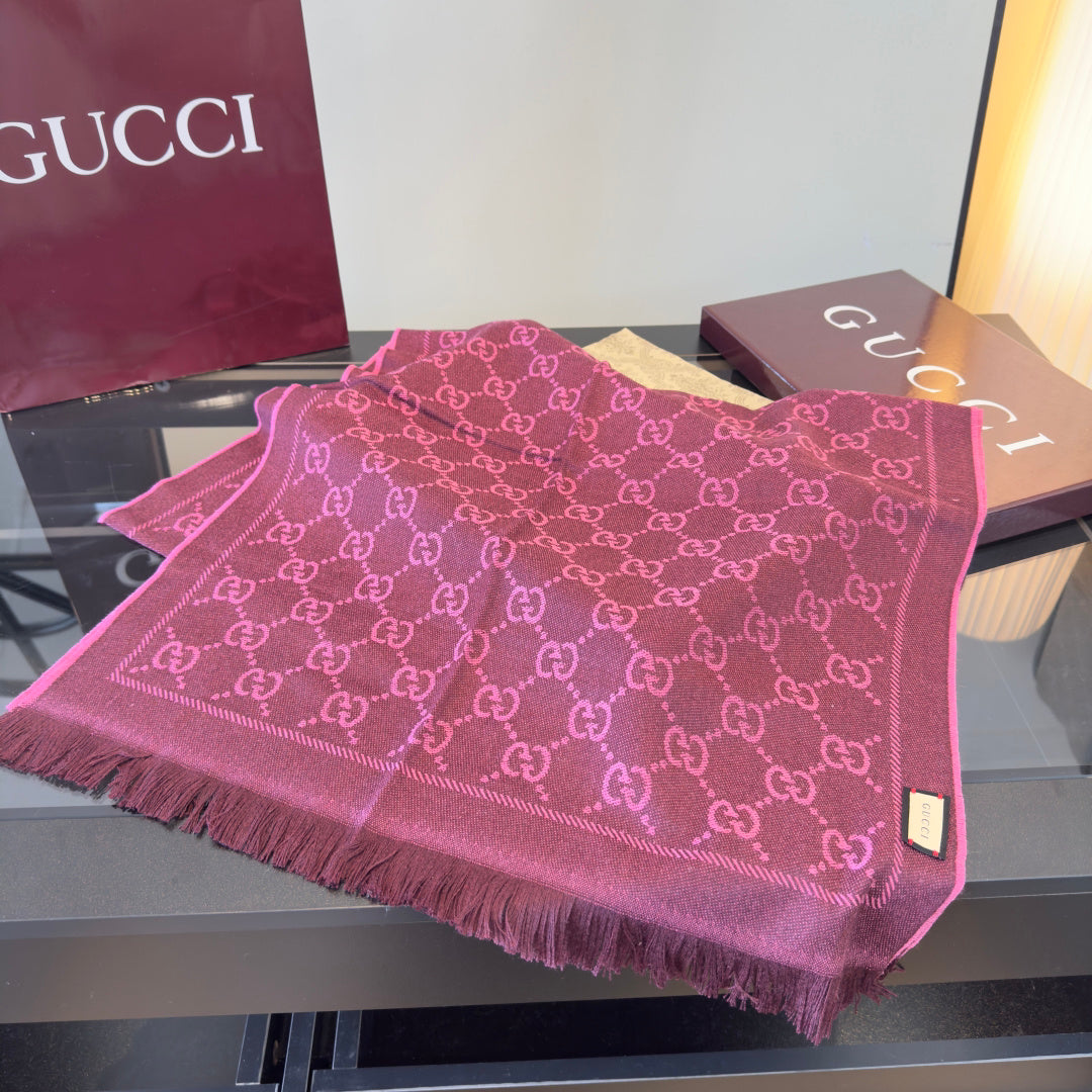 Gucci Reversible GG Jacquard Shawl – Wool-Silk Blend with Fringed Trim, Made in Italy, Unisex