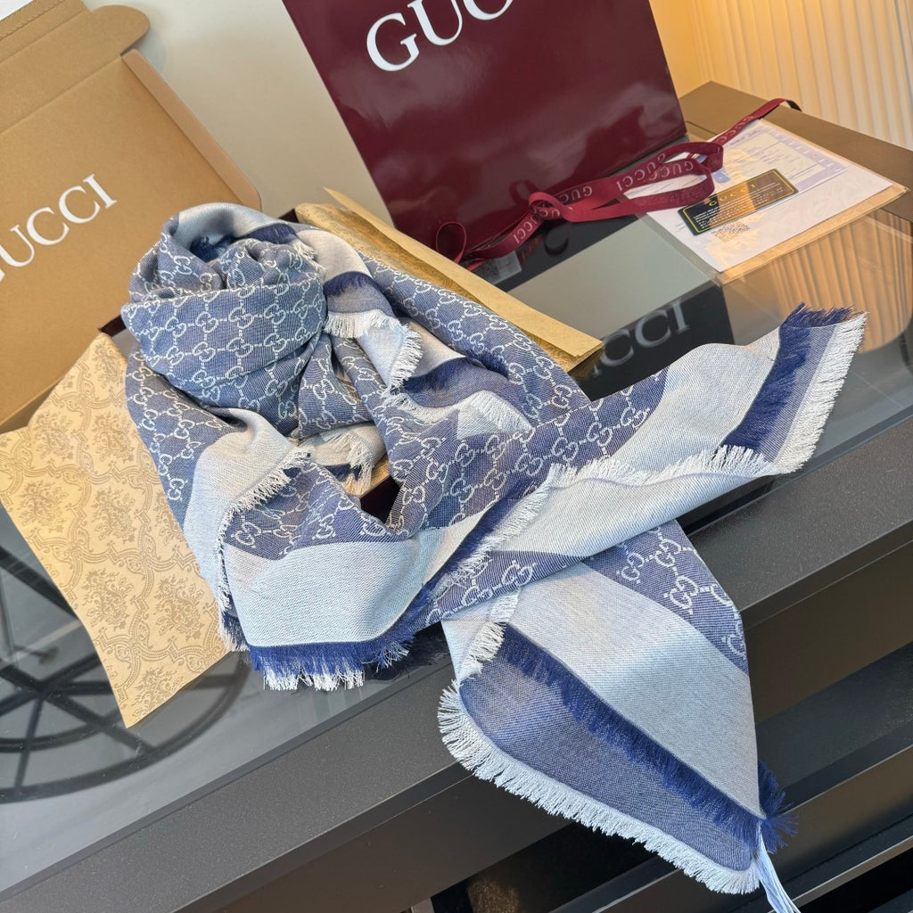 Gucci Reversible GG Jacquard Shawl – Wool-Silk Blend with Fringed Trim