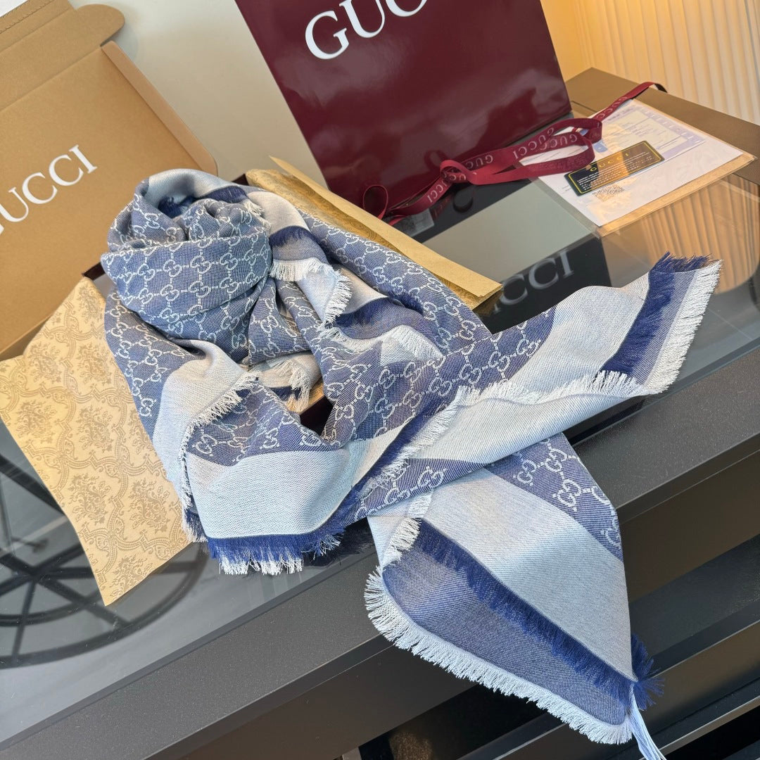 Gucci Reversible GG Jacquard Shawl – Wool-Silk Blend with Fringed Trim