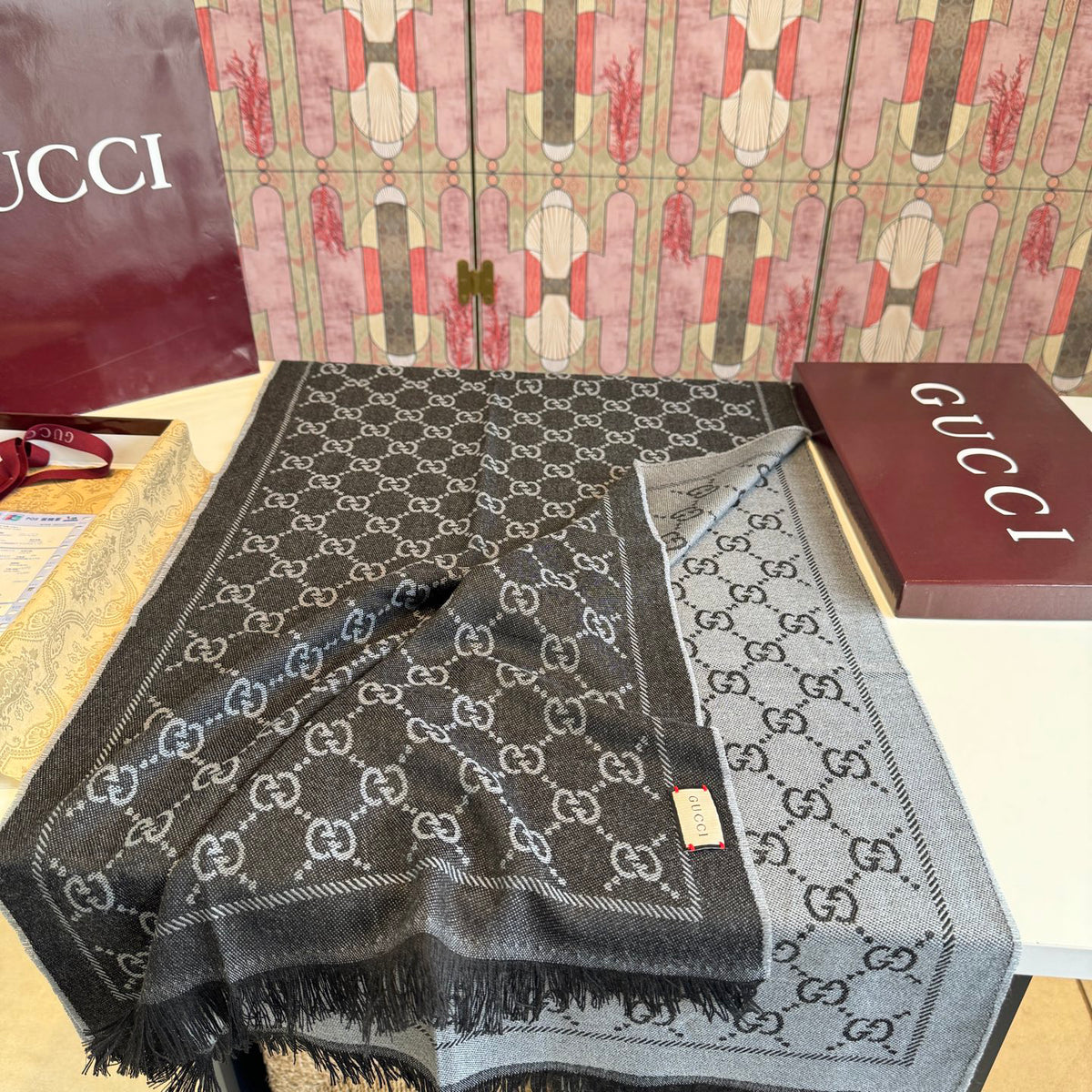 Gucci Reversible GG Jacquard Shawl – Wool-Silk Blend with Fringed Trim