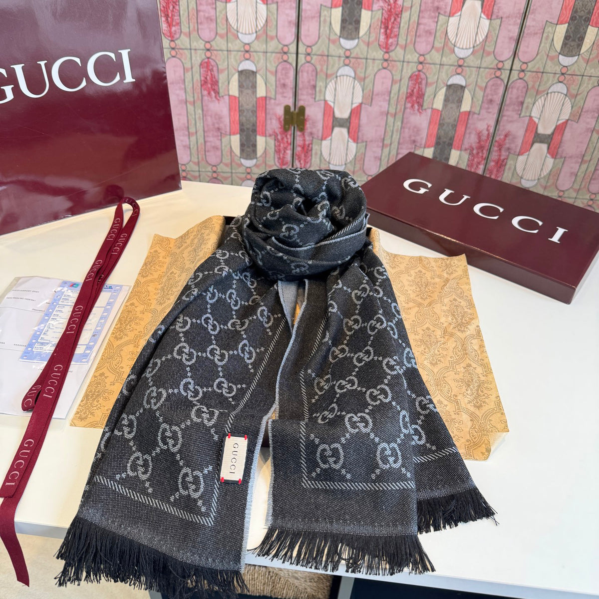 Gucci Reversible GG Jacquard Shawl – Wool-Silk Blend with Fringed Trim