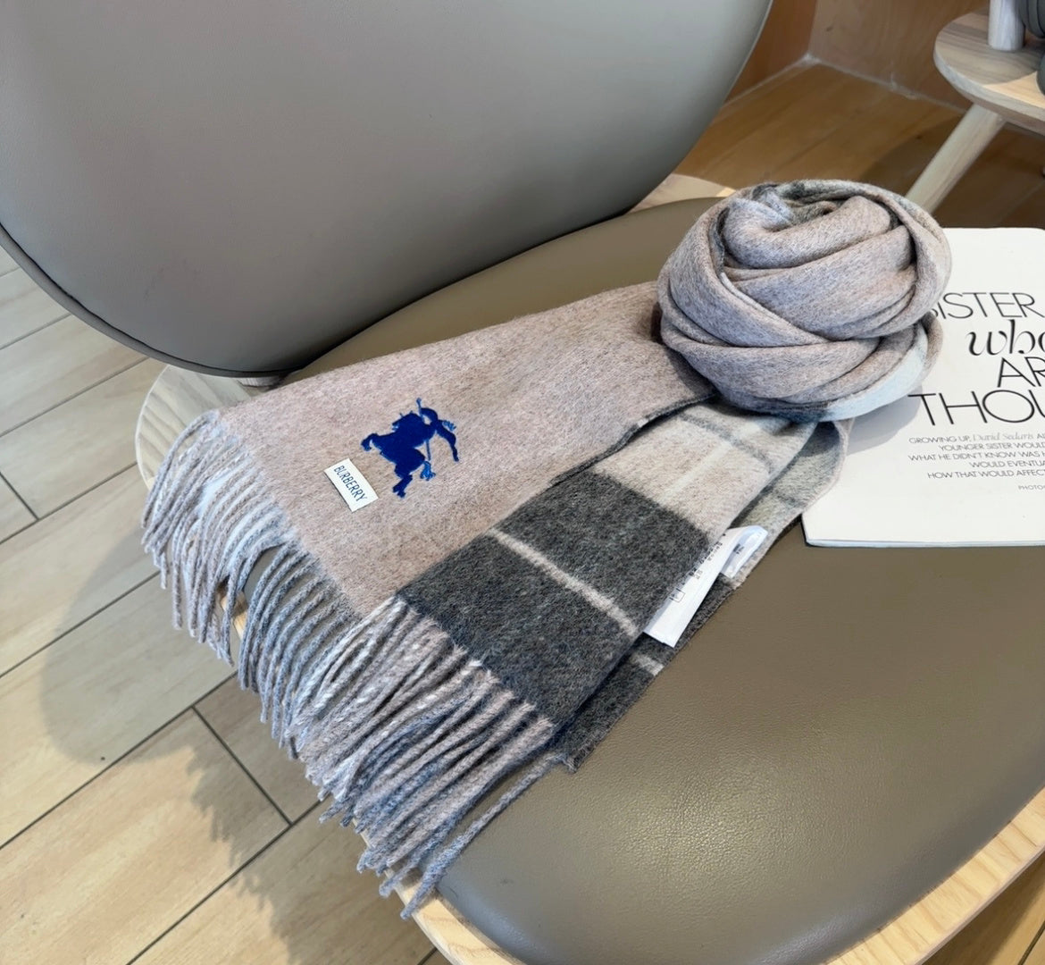 Burberry reversible two-tone wool scarf featuring a circular logo design, crafted from a cotton-wool blend