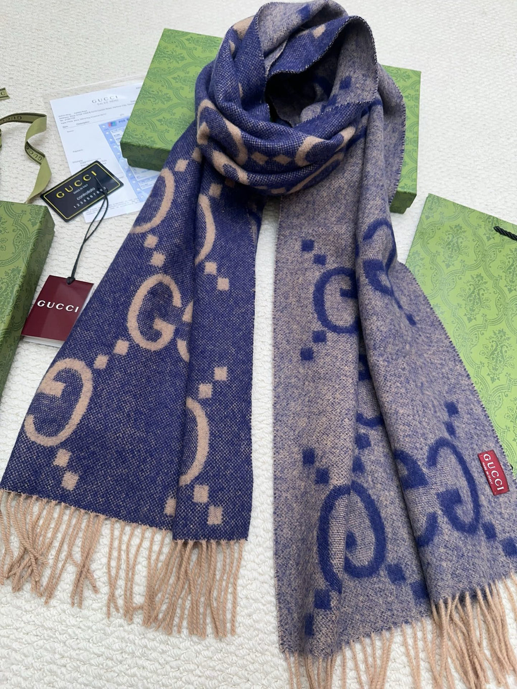 Gucci Reversible GG Jacquard Shawl – Wool-Silk Blend with Fringed Trim