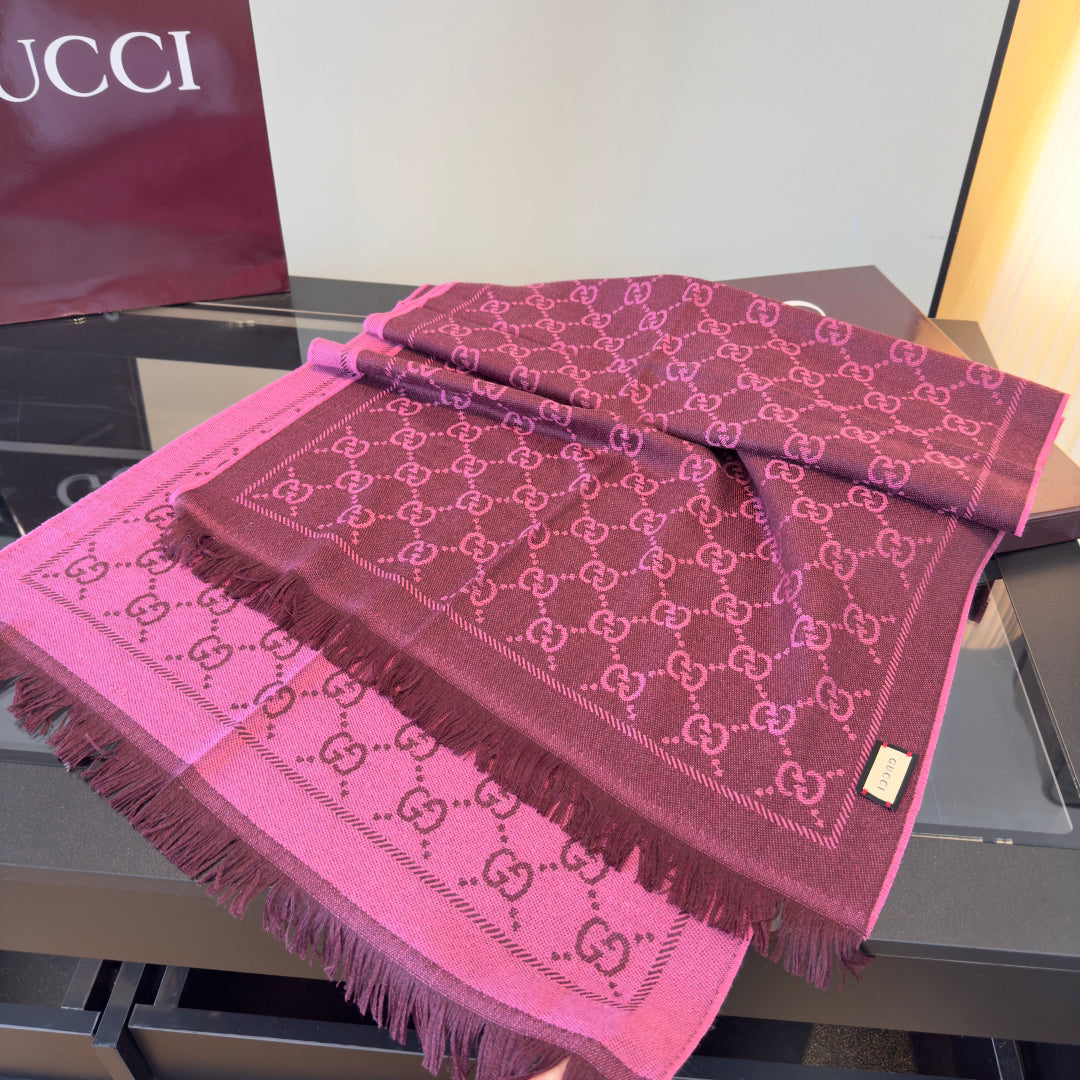 Gucci Reversible GG Jacquard Shawl – Wool-Silk Blend with Fringed Trim, Made in Italy, Unisex
