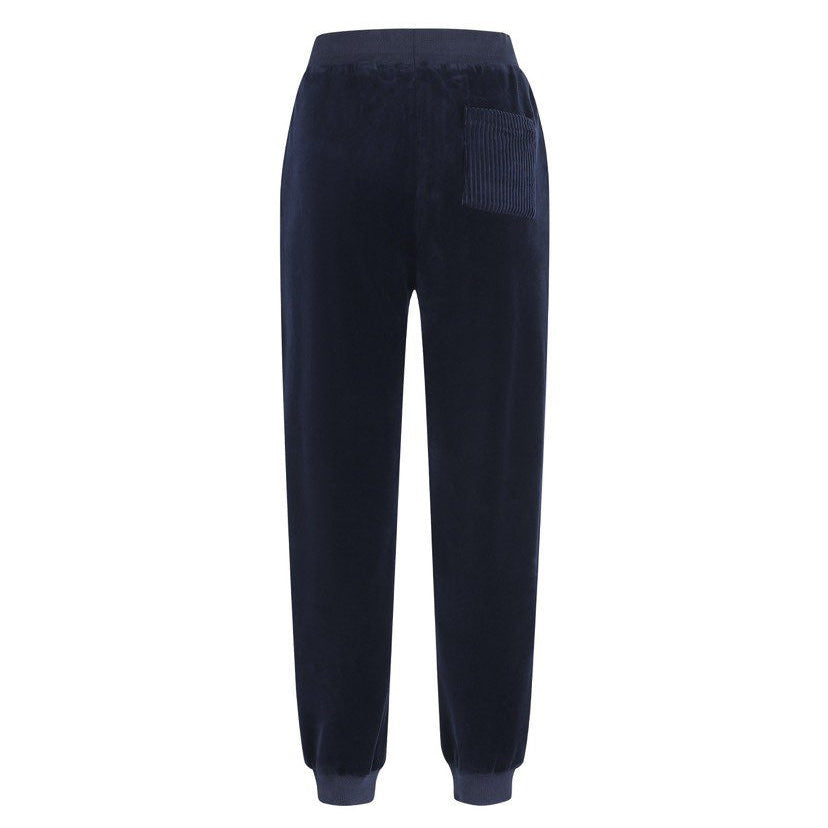 LOUIS VUITTON Navy Velour Tracksuit Set — Bomber Jacket & Jogger Pants with Leather Patch