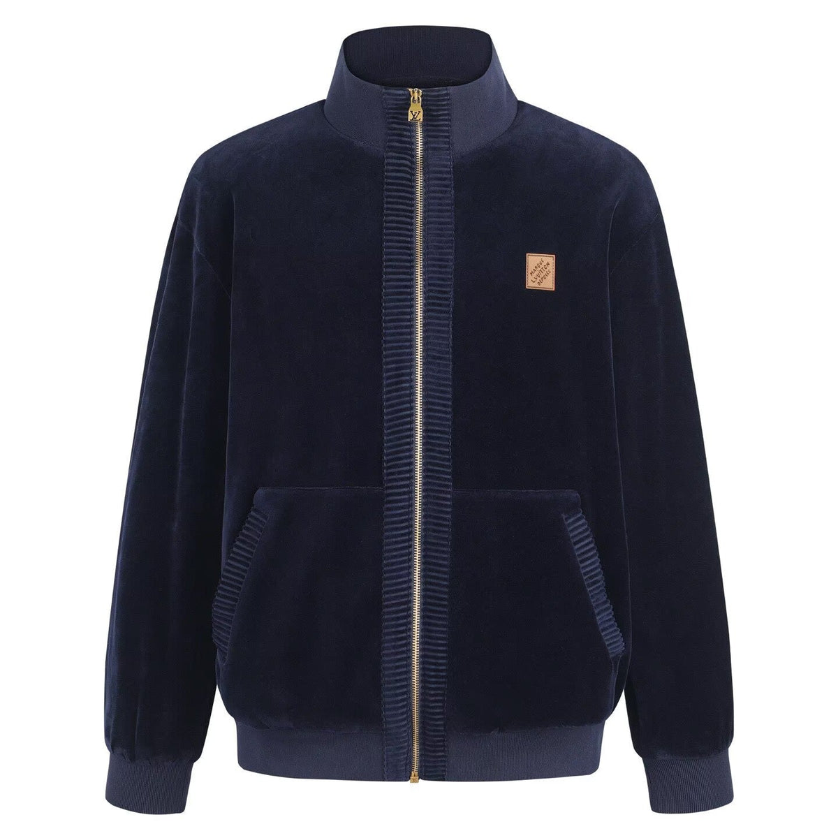 LOUIS VUITTON Navy Velour Tracksuit Set — Bomber Jacket & Jogger Pants with Leather Patch