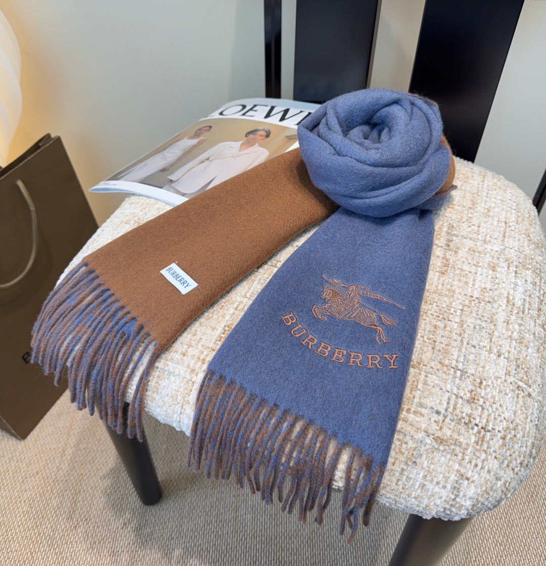 Burberry reversible two-tone wool scarf featuring a circular logo design, crafted from a cotton-wool blend