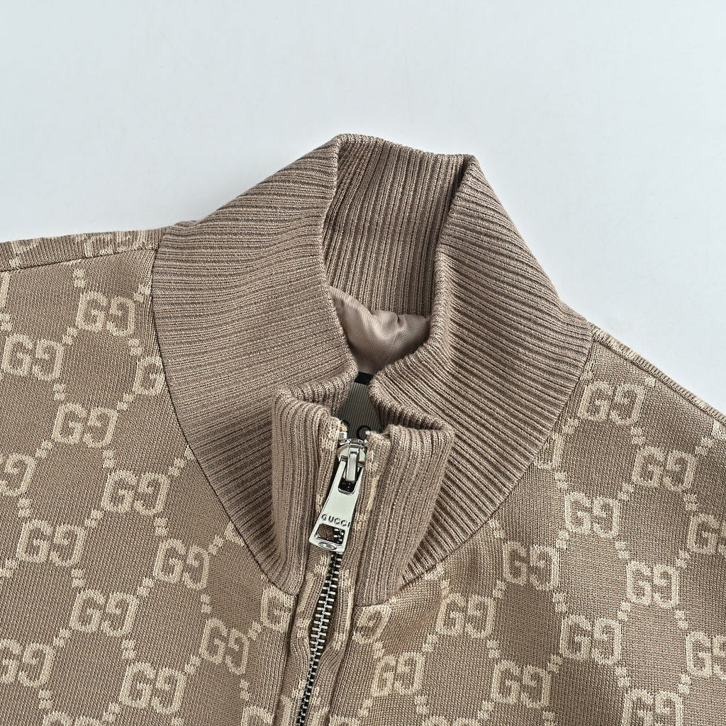 Gucci Taupe GG Monogram Zip-Up Knit Jacket