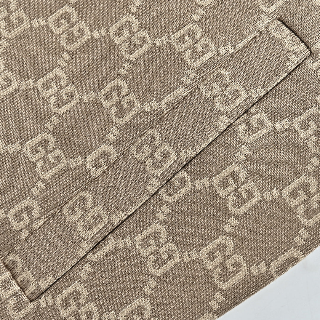 Gucci Taupe GG Monogram Zip-Up Knit Jacket